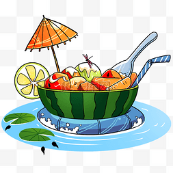 水果沙拉卡通图片_夏天蓝色卡通元素夏天西瓜水果甜
