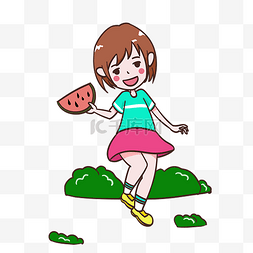 炎热夏季卡通图片_夏天吃西瓜的女孩