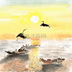 夕阳手绘图片_夕阳下的飞鸟与船
