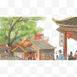 新中国风古代人物生活商业街景色