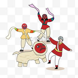 手绘卡通传统韩国游戏舞狮插画