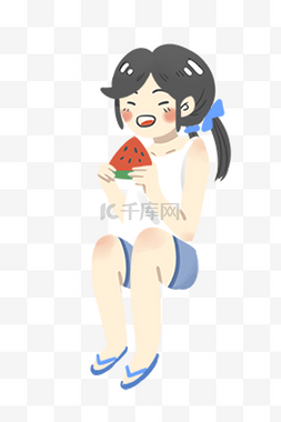 小女孩吃西瓜手绘