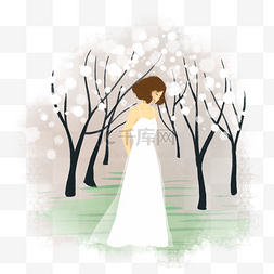 一袭白裙的女孩在树林中