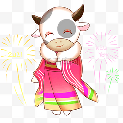 粉色的烟花图片_穿着和服的牛和烟花