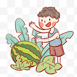 摘西瓜图片_夏季小男孩摘西瓜