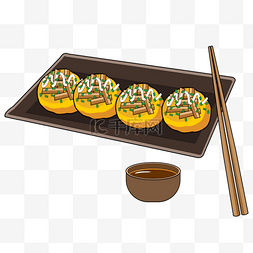 烤丸子图片_深棕色盘里的日本takoyaki