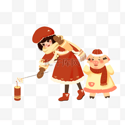 红衣服的女孩图片_手绘卡通放鞭炮的女孩和小猪免扣