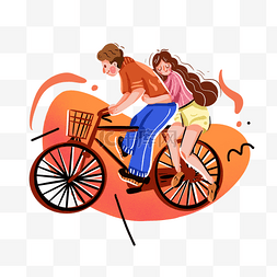 情侣骑自行车游玩的彩色系手绘插