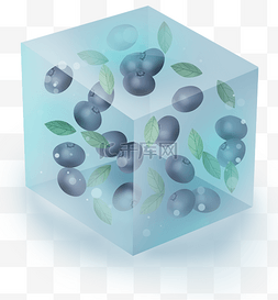 冰块里的水果图片_冰块里的蓝莓和叶子