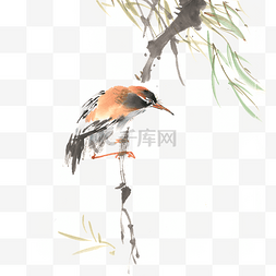 小鸟水墨画图片_柳树与小鸟水墨画PNG免抠素材