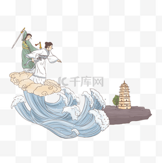 手绘中国古代神话传说白娘子水漫金山