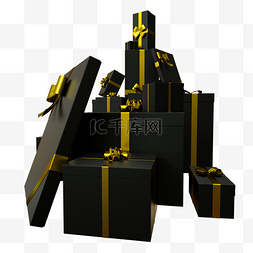 金盒图片_黑色金带包装礼物堆