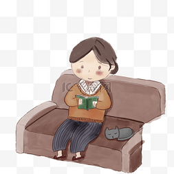 老人看书卡通图片_老奶奶坐在沙发上面看书