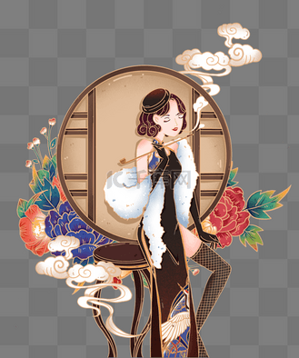 国潮风窗边拿烟斗的旗袍女子