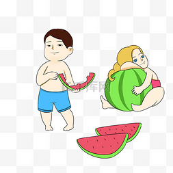 两个小女孩插画图片_夏天小清新两个小孩吃西瓜