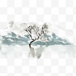 水彩画远山与湖中的树