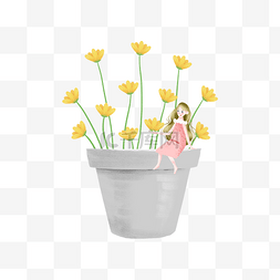 坐在黄色花丛中的女孩