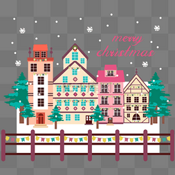 房子栅栏图片_卡通粉色圣诞小镇插画圣诞夜