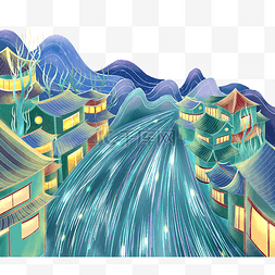 中国风流水河流远山建筑国风国潮