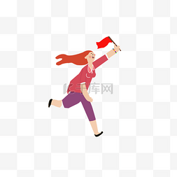 卡通小女孩奔跑图片_拿着红旗奔跑的小女孩