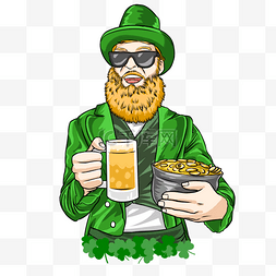 圣帕特里克节日图片_拿啤酒金币的圣帕特里克节墨镜男