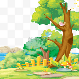 儿童绘本图片_乡村树木和小鸟