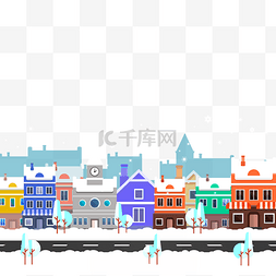 雪景城市插画图片_卡通彩色建筑楼房