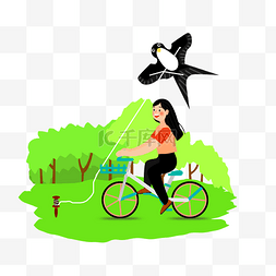 女孩骑自行车放风筝
