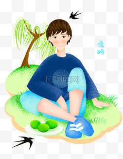 吃青团的小男孩插画