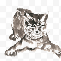 趴在地上的小猫水墨画PNG免抠素材