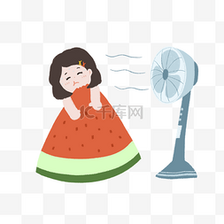 夏天西瓜风扇图片_夏天夏季天气炎热女孩吃西瓜吹风