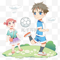 踢足球海报图片_户外女孩观看男孩踢足球