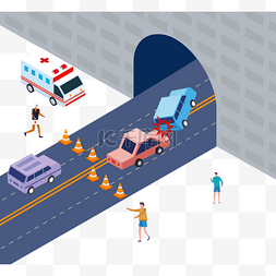 卡通交通安全马路图片_手绘卡通救护车交通事故插画