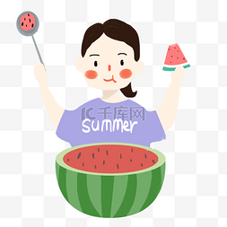 夏天小清新女孩图片_夏季吃西瓜的小女孩