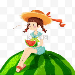 立夏绿色图片_小女孩坐在西瓜上