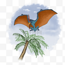 手绘风格即将落在树顶上的蓝色翼
