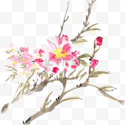 春天的海棠花水墨画PNG免抠素材