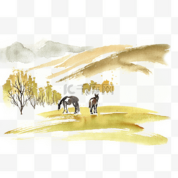 马的手绘图片_水彩画草地上的马