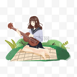 弹吉他女孩卡通图片_春游弹吉他的女孩插画