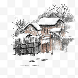 风景雪景图片_水墨冬季积雪小房子