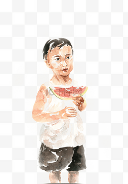 大暑国风图片_吃西瓜的小男孩