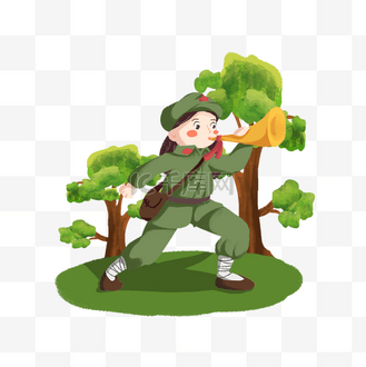 站在草地吹号角军人素材