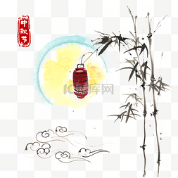墨手绘图片_中秋节竹子与红灯笼