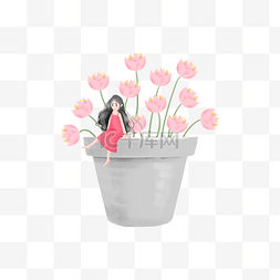小清新卡通装饰图片_坐在花盆上的女孩