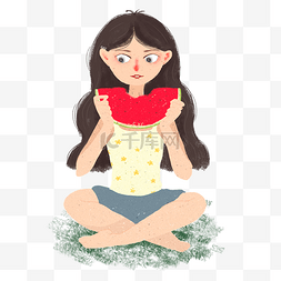 小女孩在吃红色的西瓜