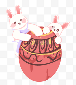 手绘卡通两只兔子抱彩蛋免扣元素