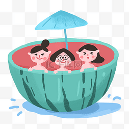 夏季女孩们在西瓜里雨伞