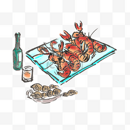海鲜水墨手绘图片_手绘龙虾水墨插画