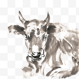 趴着的动物手绘图片_趴着的牛水墨画PNG免抠素材