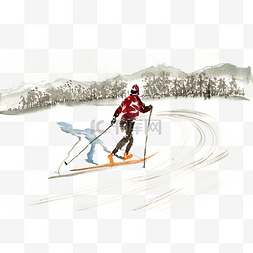 意境人物图片_水彩画冬季运动滑雪